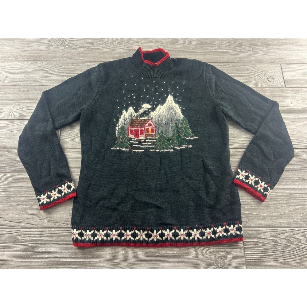 Vintage Orvis Womens size S black pullover Christmas winter cabin knit sweater